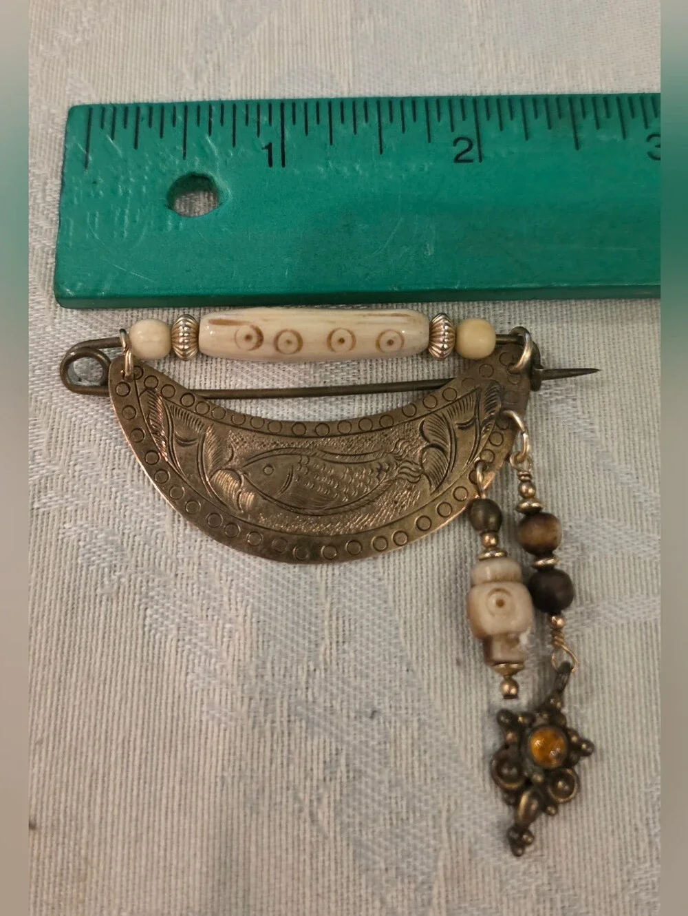 Vintage Hmong Miao Engraved Curved Brass Plate -Safety-Pin Style Brooch